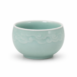 Side view of Longquan Celadon Teacup with jade-green glaze and rounded form