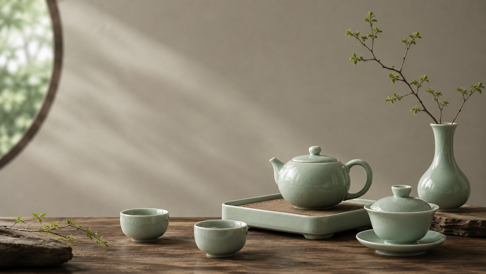 Longquan celadon display with refined ceramic pieces